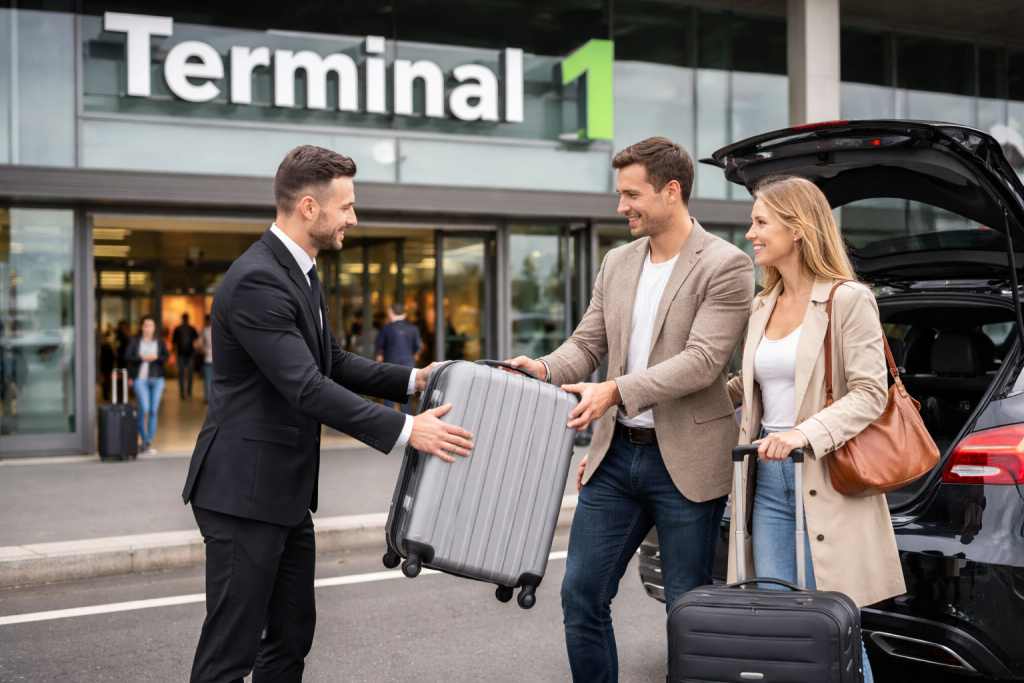 chauffeur VTC gare Montparnasse Orly devant terminal 1 aéroport Orly avec clients et valises